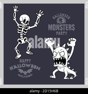 Set of cartoon monsters for Halloween. A collection of black silhouettes of mystical creatures. Stock Vector