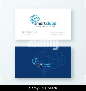 Smart Cloud Abstract Vector Logo and Business Card Template. Brain Cloud with Lightning Emblem. Data Storage Concept. Premium Stationary Realistic Stock Vector