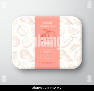 Peaches Bath Cosmetics Package Box. Abstract Vector Wrapped Paper Container with Label Cover. Packaging Design. Modern Typography and Hand Drawn Stock Vector