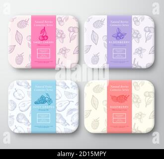 Cherry, Raspberry, Blueberry and Grapes Cardboard Boxes Set. Abstract Vector Wrapped Paper Cosmetics Container with Label Cover. Packaging Design Stock Vector