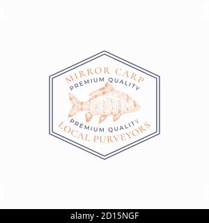 Fish Vintage Frame Badge or Logo Template. Hand Drawn Wild Mirror Carp Sketch Emblem with Retro Typography. Stock Vector