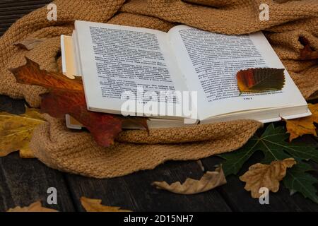 Autumn or fall composition with open book, yellow scarf and fallen leaves on textured wooden background. Cosy romantic concept Stock Photo