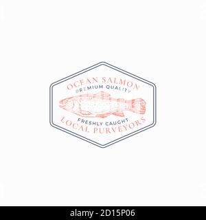 Fish Vintage Frame Badge or Logo Template. Hand Drawn Wild Salmon Sketch Emblem with Retro Typography. Stock Vector