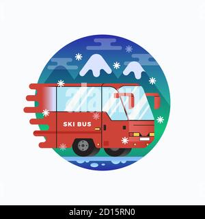 Ski or Snowboard Resort Shuttle Bus. Vector Flat Style Illustration with Mountains Background. Alpine Outdoor Action Sports Icon or Banner. Stock Vector