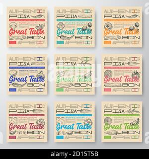 Premium Quality Pizza Labels Set. Abstract Vector Food Packaging Design or Cards. Modern Typography and Hand Drawn Pizza Ingredients Sketch Background Stock Vector