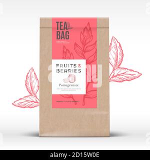 Craft Paper Bag with Fruit and Berries Tea Label. Abstract Vector Packaging Design Layout with Realistic Shadows. Modern Typography, Hand Drawn Stock Vector