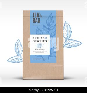 Craft Paper Bag with Fruit and Berries Tea Label. Abstract Vector Packaging Design Layout with Realistic Shadows. Modern Typography, Hand Drawn Stock Vector