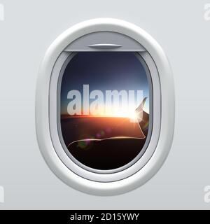 View from Airplane Window to the Sky and Wing. Dawn landscape. Time to travel. Realistic Aircraft Porthole. Panorama High above the Dark Earth. Wing of an Airplane Flying above the Clouds at Sunset Stock Vector