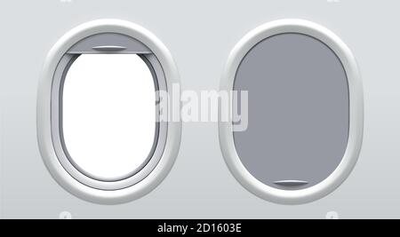 Set of Vector Realistic Airplane Window Portholes with Curtains in two positions. Blank Aircraft Windows with Copyspace Inside. Mockup for Your Design. Stock Vector