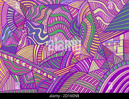 Colorful abstract geometric shapes from triangles, ellipses with many patterns, doodle psychedelic art background. Stock Vector