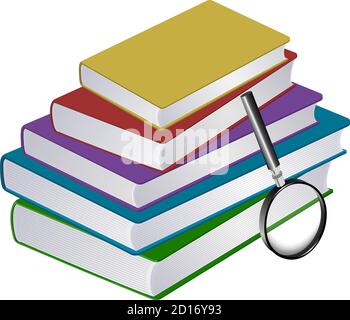 Illustration of stack of books with magnifier Stock Vector