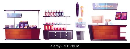 Cosmetics store interior stuff and furniture, makeup or body care beauty shop with cosmetic bottles on showcase shelves, cashier desk with computer. Goods for women cartoon vector illustration, set Stock Vector