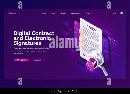 Digital contract and electronic signature isometric landing page, e-signature on document at pc screen with fingerprint, shield and magnifier, secured internet technology service, 3d vector web banner Stock Vector