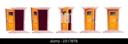 Cartoon door closing motion sequence animation. Open slightly ajar and close wooden doorways with stone stairs and darkness inside. Home facade design element, entrance. Vector illustration, icons set Stock Vector