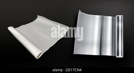 Rolls of aluminium foil and baking paper isolated on black background. Vector realistic set of tube with white greaseproof parchment and metal cooking foil. Wrapping material in coil Stock Vector