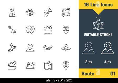 Route, Location, Navigation Way. Thin line icon - Outline flat vector illustration. Editable stroke pictogram. Premium quality graphics concept for we Stock Vector