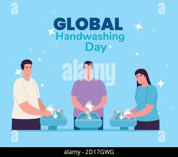 Global handswashing day man and woman washing hands with water tap ...