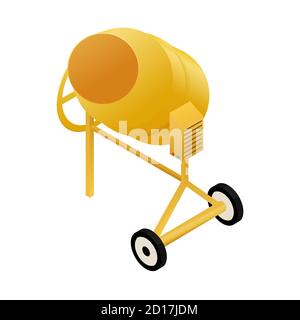 Isometric concrete mixer isolated on white background. Yellow cement-mixer with control box. Vector illustration of building equipment Stock Vector