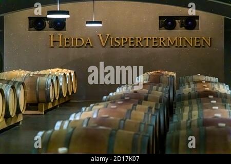 St. Jodern winery in Visperterminen, Switzerland. The barrique cellar is today also a modern event space