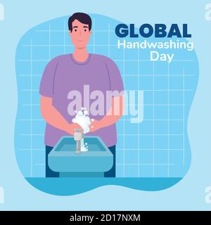 Global handswashing day man washing hands with water tap vector design ...