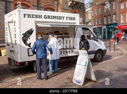 Fresh Grimsby Fish van in Market Place, Newbury, Berkshire, England, UK