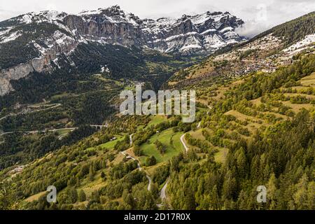 In the Rhone Valley, road cyclists can combine flat stages through the plain with steep passes out to 2,600 meters, Switzerland Stock Photo