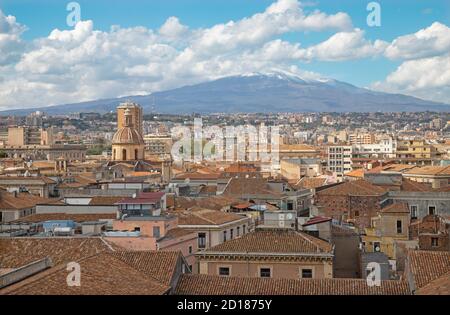 Catania - The town and Mt. Etna volcano in the background. Stock Photo