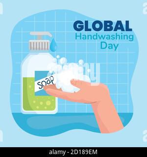 Global handswashing day and hands with soap bottle vector design Stock Vector