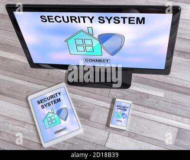 Home security system concept shown on different information technology devices Stock Photo