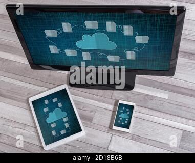 Cloud storage concept shown on different information technology devices Stock Photo
