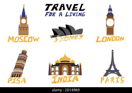 Vector set of icons for global tourist destinations. Includes symbols and attractions of London, great Britain, Italy, Paris, France, Sydney, Australi Stock Photo