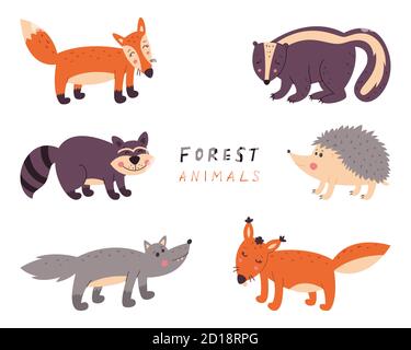 Collection of forest animals. Vector illustration on a white isolated background Stock Photo
