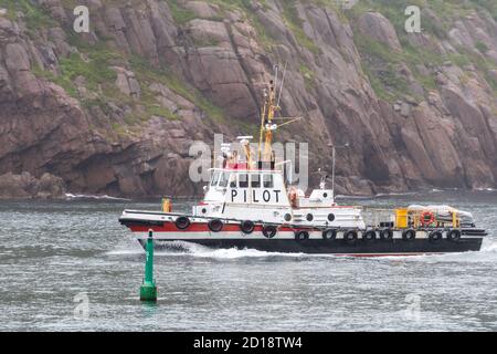 St. John's, Newfoundland/Canada-October 2020: A pilot boat moving in the cold Atlantic Ocean.