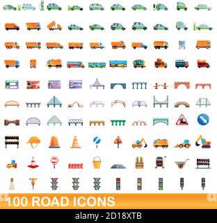 100 road icons set. Cartoon illustration of 100 road icons vector set isolated on white background Stock Vector