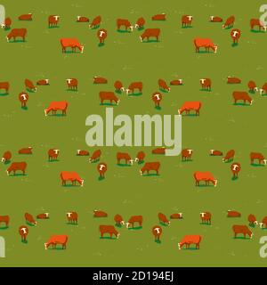 Cows on green meadow flat color seamless pattern Stock Vector