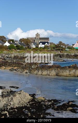 Founded by Columba in 563AD the Abbey and Nunnery dominates the quiet and tranquil island of Iona. Situated off the South West of the Island of Mull Stock Photo