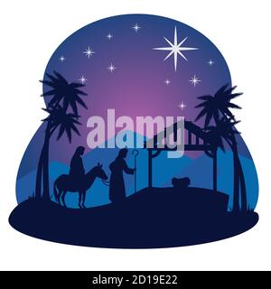 merry christmas nativity mary joseph and baby in seal stamp vector ...