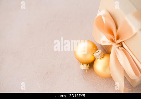 Christmas luxurious gift box with christmas balls. Elegant Christmas background. Stock Photo