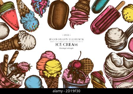 Colored elements design with ice cream bowls, ice cream bucket, popsicle ice cream, ice cream cones, ice cream scoop, ice cream balls Stock Vector