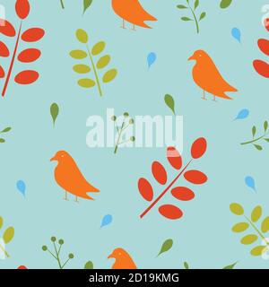 Seamless pattern with birds and leaves, vector Stock Vector