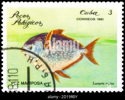 Saint Petersburg, Russia - September 18, 2020: Stamp printed in the Cuba the image of the Opah, Lampris regius, circa 1981 Stock Photo