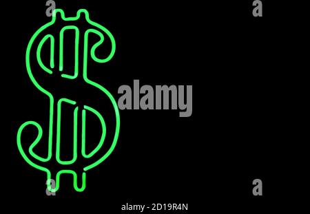 A Green Neon Dollar Sign Isolated on a Black Background with Copy Space Stock Photo