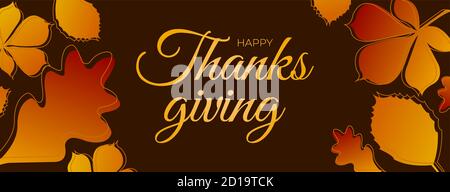 Thanksgiving poster template. Autumn leaves on dark background with line art leaves pattern. Cute turkey with wine glass. Calligraphic text Thanks