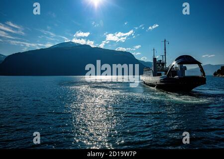 EIDSDAL, NORWAY - AUGUST, 17, 2020: Ferry crossing between Linge and Eidsdal on the scenic Route 63 across the Tafjorden, Norway Stock Photo