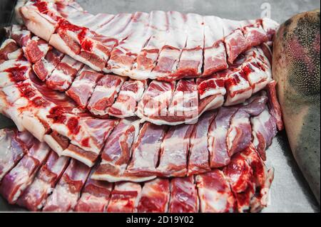 Selection of quality meat in a butcher shop. Different types of fresh meat are on display. Meat assortment Stock Photo