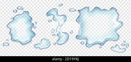 Water spill puddles or spilled water top view set, aqua liquid splashes with scattered drops. Hydration spots elements isolated on transparent Stock Vector