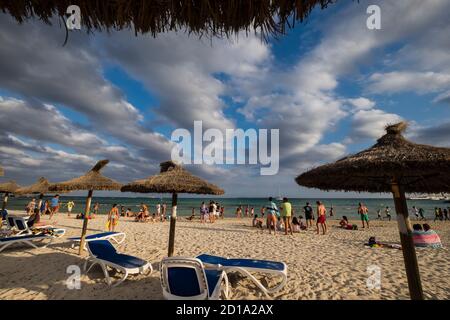 umbrellas, Sa Rapita beach, protected natural area, Campos, Mallorca, Balearic Islands, Spain, Europe Stock Photo