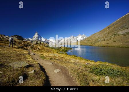 Hikers hiking the Five Lakes trail with the Matterhorn in the background, one showing an angler fishing in the Stellisee. Stock Photo