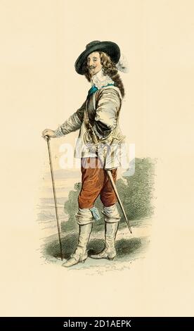 Portrait of Charles I, hand-colored engraving by H. Pauquet. He was King of England and King of Ireland from 1625 to 1649. Born on November 19, 1600 i