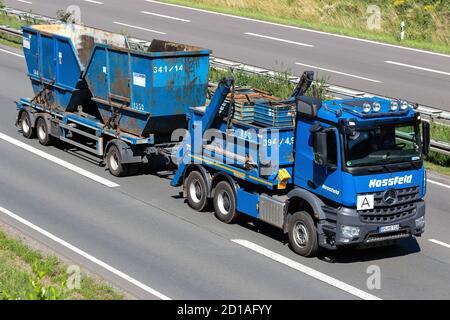 Hossfeld Mercedes-Benz Arocs truck on motorway. Stock Photo